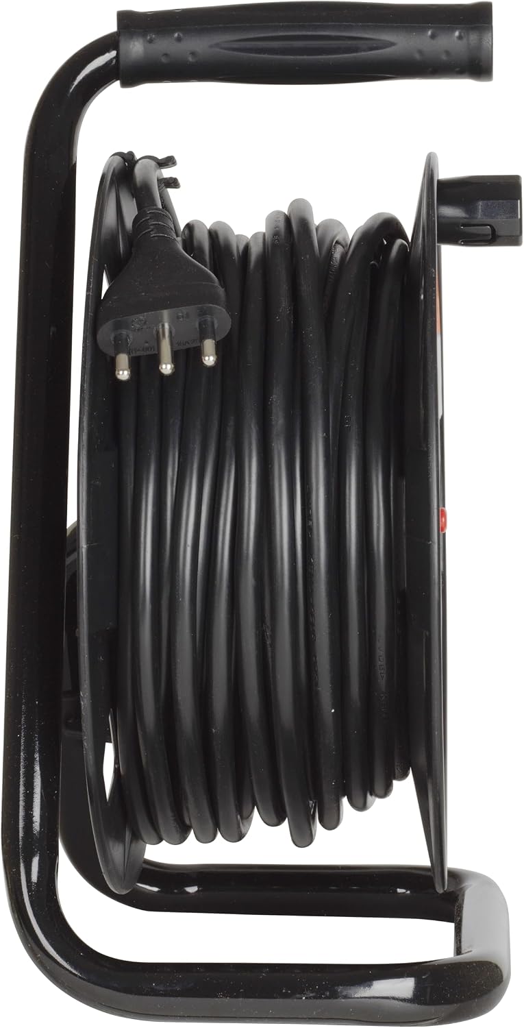 BTICINO Cable Reel S2620, Electric Extension 20 Metres, 4 Schuko Sockets, Double Pole, Large 16 A Plug, Thermal Switch, Ergonomic Handle, Cable Holder and Cable Reel, Full Black