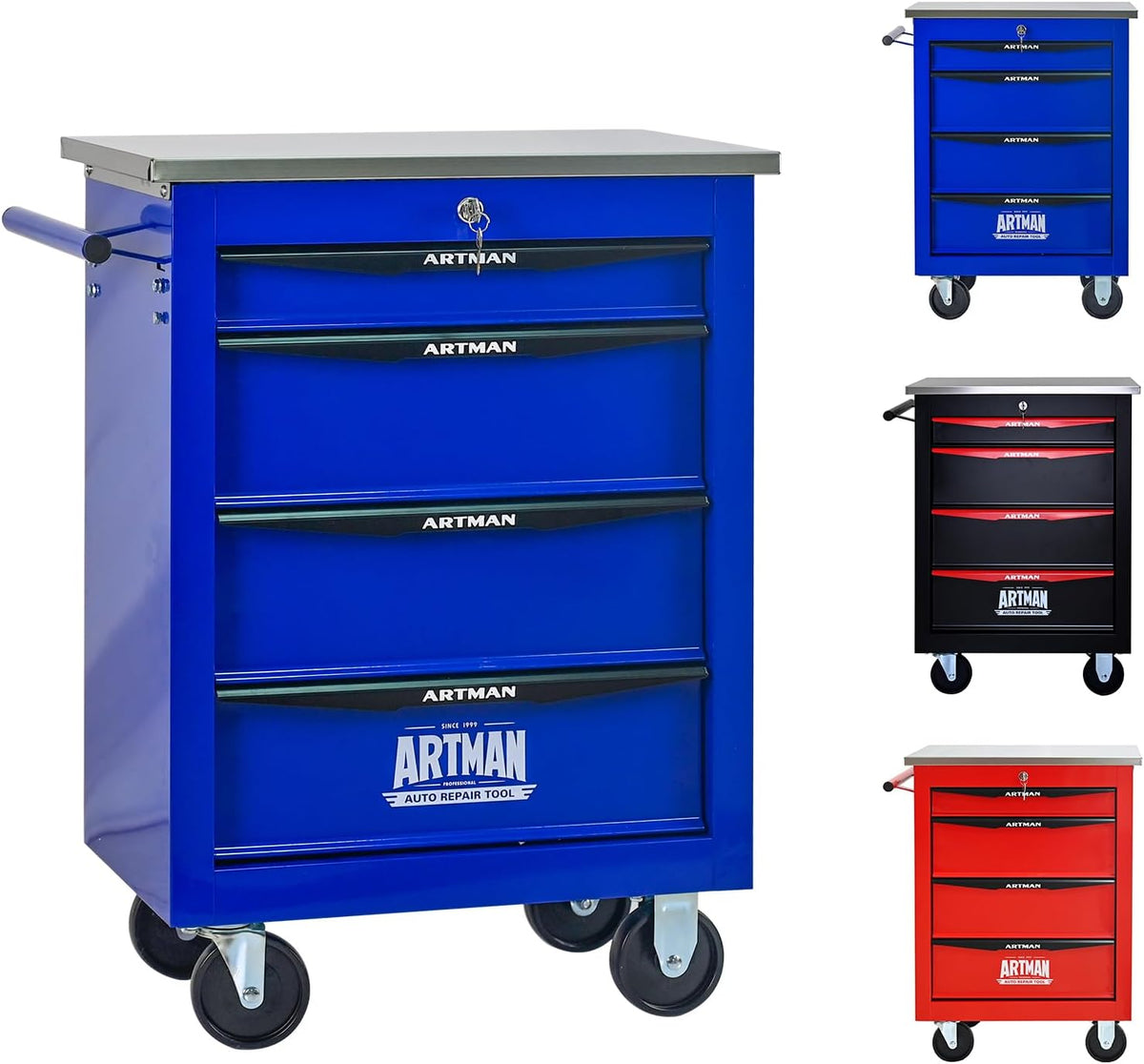 rolling tool chest,stainless steel worktop,blue,4‑drawer, main product view