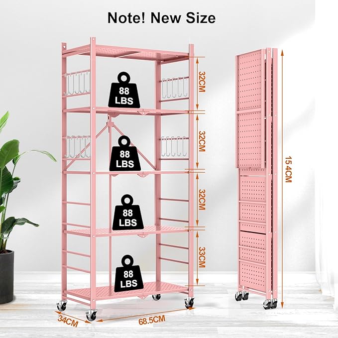 Storage Shelves with 20 Hooks, 5-Tier Foldable Shelves - Image 3