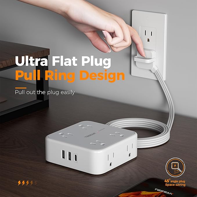Surge Protector Power Strip, TESSAN 5 FT Flat Extension Cord - Image 2
