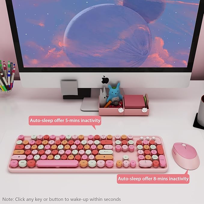KOOTOP Cute Pink Wireless Keyboard and Mouse, 2.4G Retro Round Keycap - Image 7