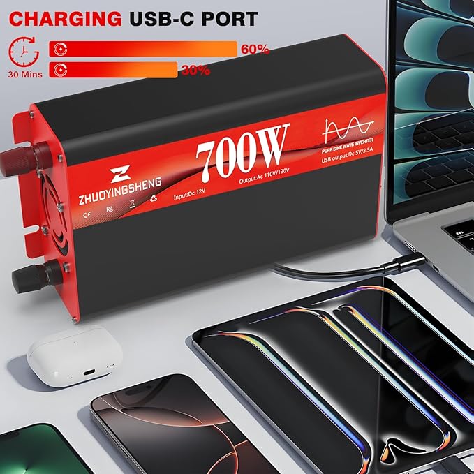 700W Pure Sine Wave Inverter 12V DC to 120V AC – 1400W Peak, Power Inverter - Image 2