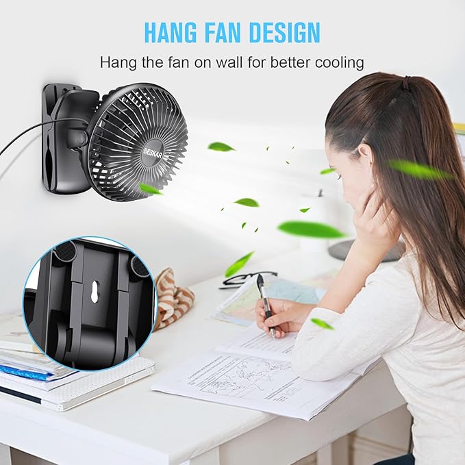BESKAR Small Clip on Fan, 3 Speeds USB Fans - Image 4
