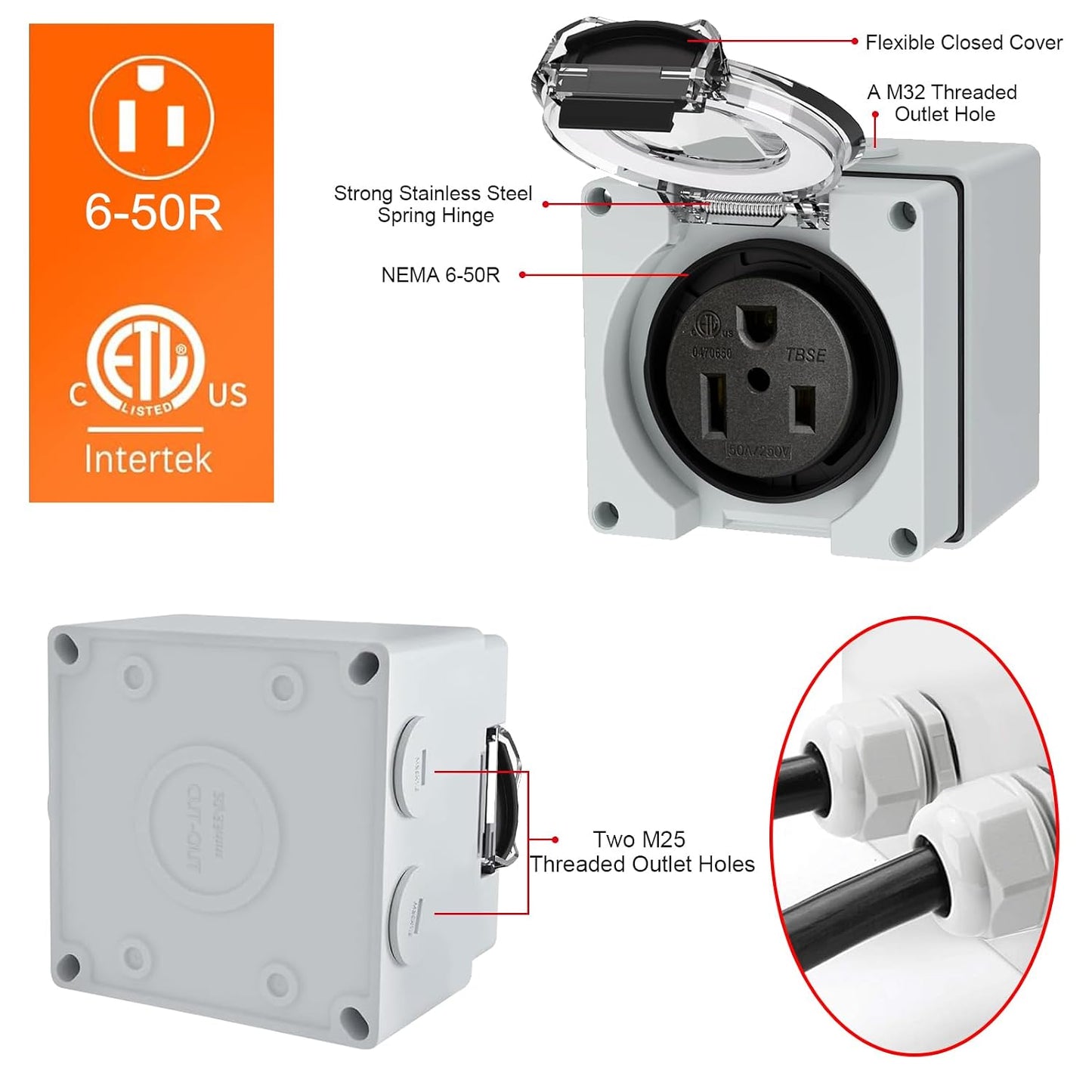 50 Amp Power Outlet Box, NEMA 6-50R 250 Volt EV Welder Receptacle | Heavy Duty, Outdoor Weatherproof, with Waterproof Cable Glands 3 Pcs, for Welding Machine, EV Charger, ETL Listed
