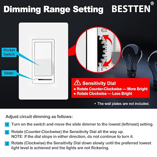BESTTEN 10 Pack Dimmer Light Switch, Single Pole or 3-Way, Slide Dimmer Switches - Image 2