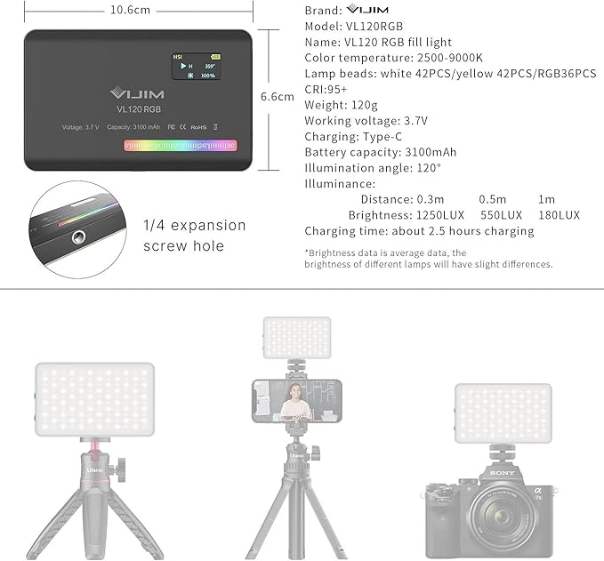 VIJIM VL120 RGB Video Light, Portable LED Camera Light Panel 0-360 Full Color - Image 7
