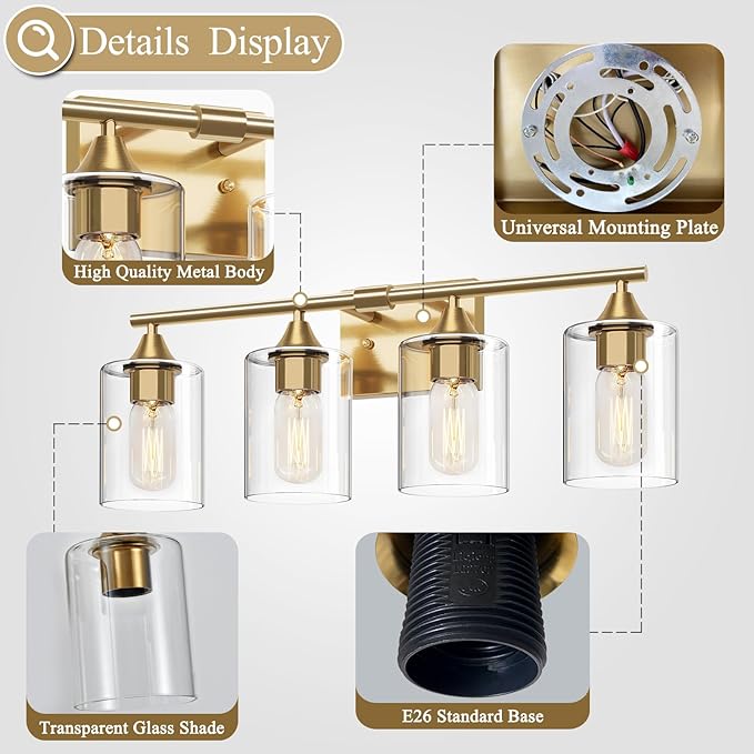 XPEHK Brushed Gold Vanity Light, 4 Light Gold Bathroom Light Fixtures, Bathroom - Image 5