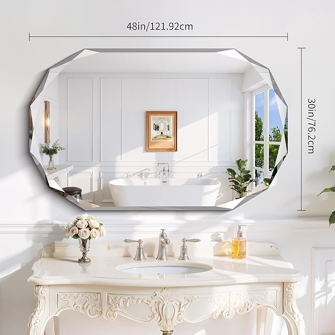 GLASHOM Frameless Bathroom Mirror, 30x48 inch Beveled Bathroom Mirror Wall - Image 3