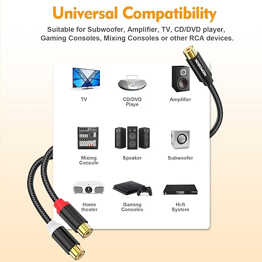 HOSONGIN RCA Splitter 1 Female to 2 Female Audio Cable, 24K Gold-Plated Plug - Image 3