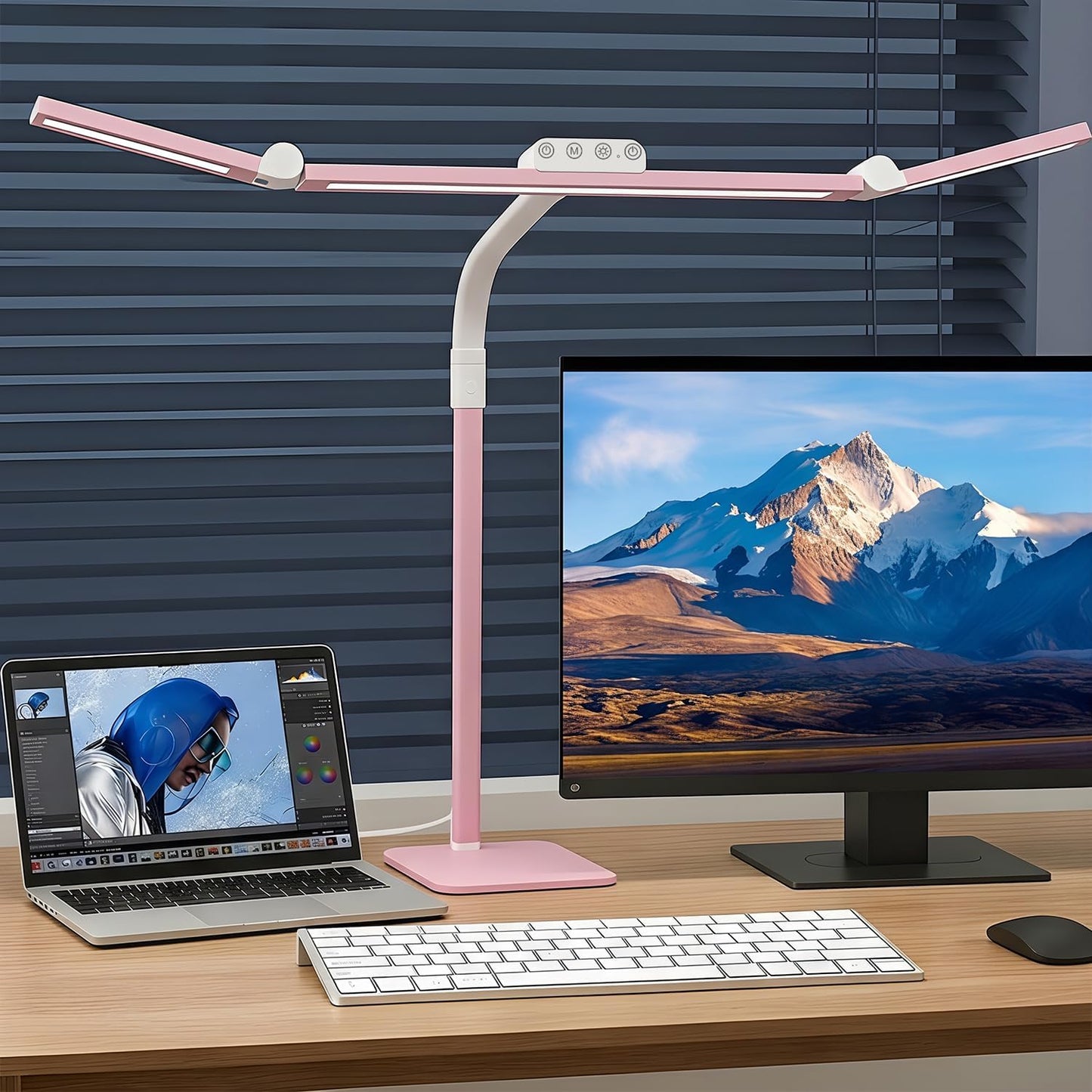 LED Desk Lamp for Home Office with Base, 28.2" Adjustable Gooseneck Swing Arm Bright Desk Light, Dimmable Architect Table Lamp for Desktop Computer Light, Reading, Study, Workbench（Pink）