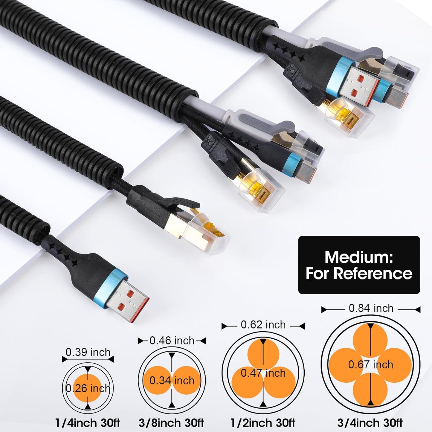 Wire Loom 1/4", 3/8", 1/2", 3/4 Inch x 30 FT, Split Wire Loom Tubing Wire Conduit, Cable Sleeves Bulk Flexible Electrical Conduit Protective kit, Black