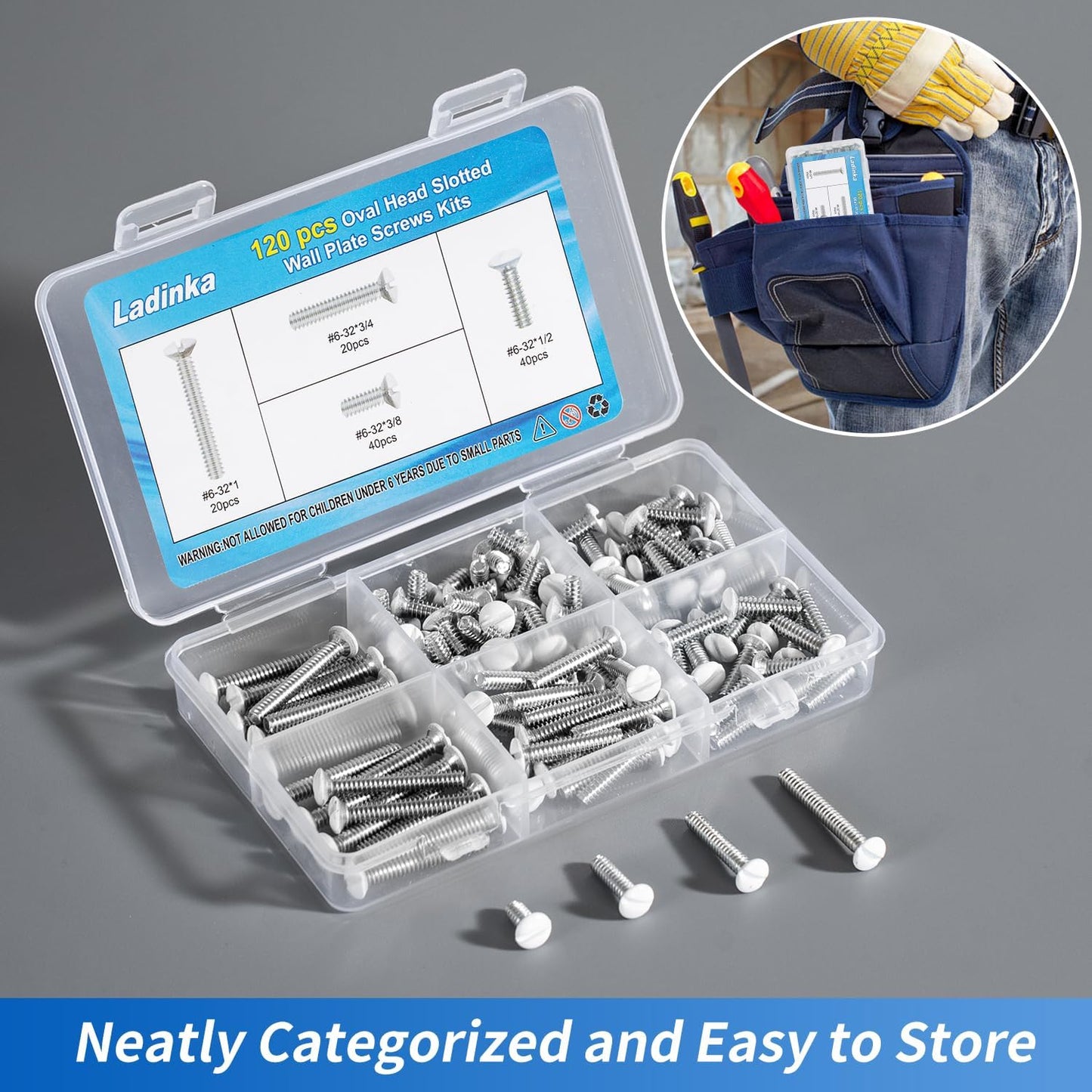 120PCS White Wall Plate Screws Kit - #6-32 Thread Outlet Cover & Switch Plate Fasteners with 4 Lengths (3/8" to 1") for Electrical Outlets, Light Switch Plates, and Faceplate Mounting