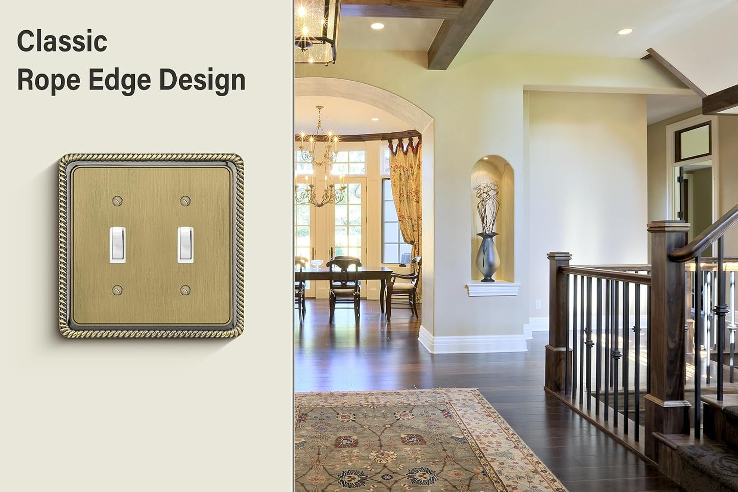 Rope Edge Decorative Wall Plate Switch Plate Outlet Cover (Double Toggle, Antique Brass)