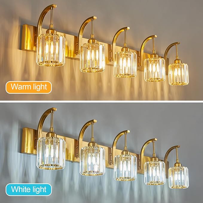 FDPBY 5-Light Crystal Vanity Light, Modern Gold Bathroom Wall Sconce - Image 2