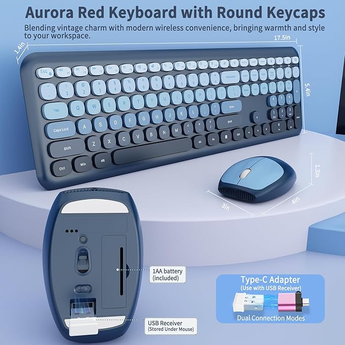 HotFox Wireless Keyboard and Mouse Combo, Full-Size Retro Typewriter Keyboard - Image 5