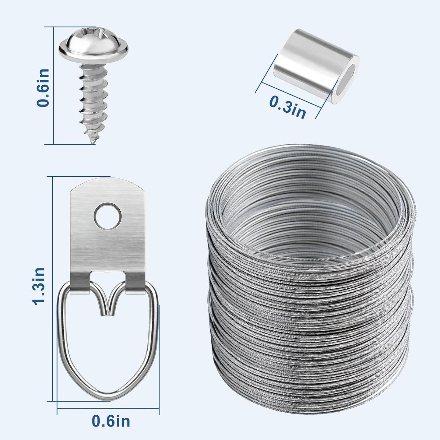 181 Pcs Picture Hanging Kit Wire D Ring Hangers Metal Frame | Braided Wire 100FT, Aluminum Crimping Sleeves, for Frames Mirrors Canvas Artwork Clocks, Rust-Resistant Metal, Home Studio