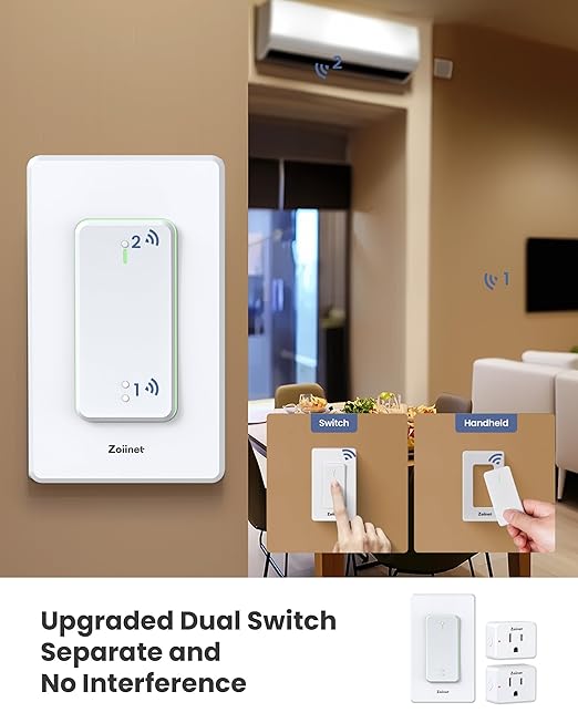 Zoiinet 2-Gang Remote Control Outlet Plug Switches, Upgrade Dual Switch Design - Image 2