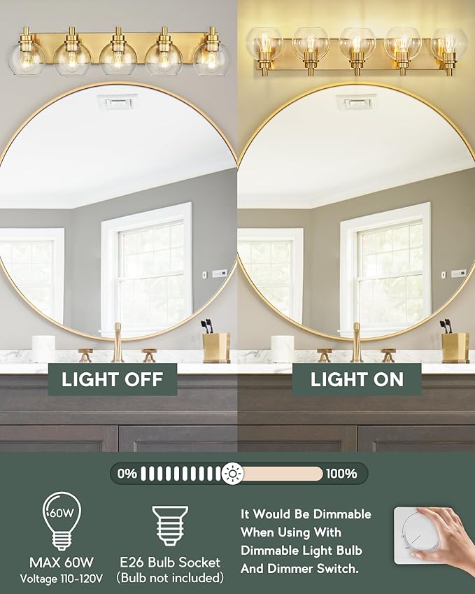 METWET Bathroom Light Fixtures, 5 Light Brushed Gold Vanity Light, 32 Inch - Image 8