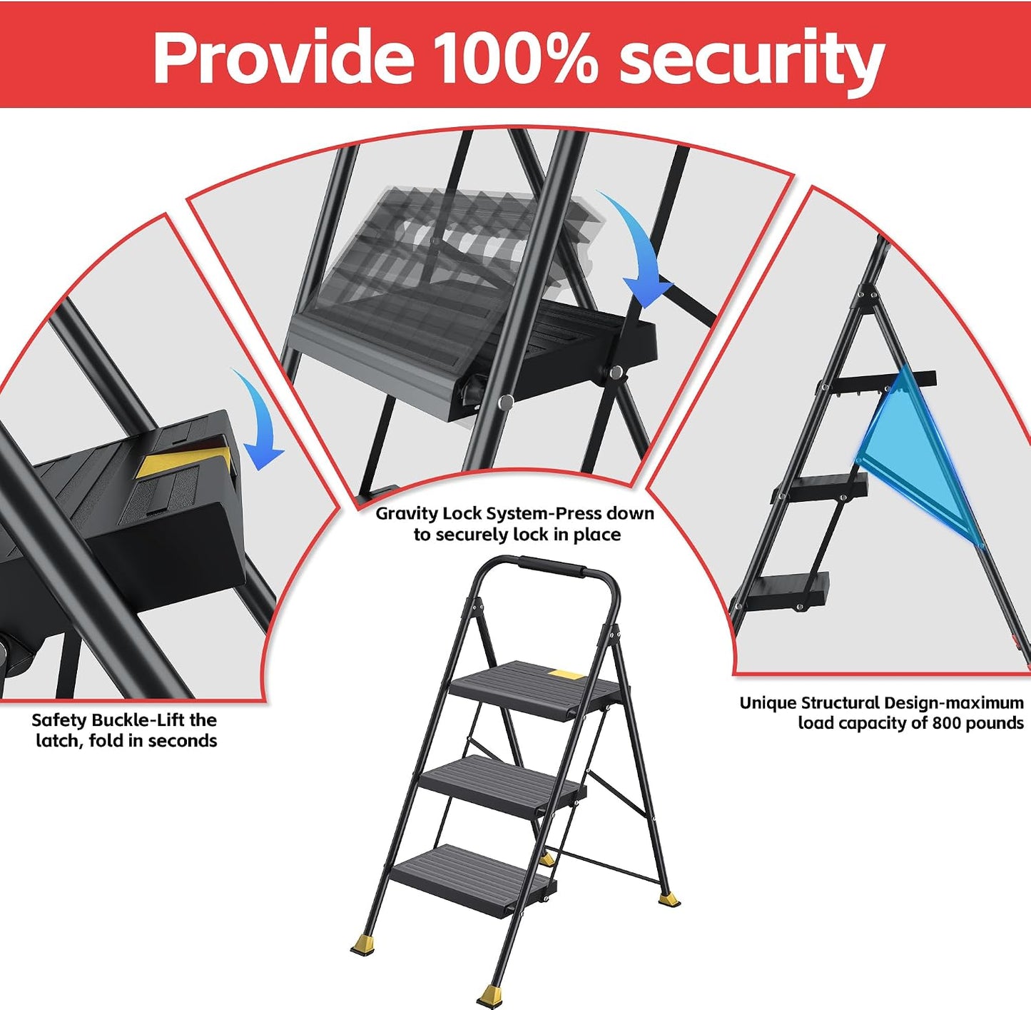 3 Step Ladder Foldable Folding Stool - for Home Adults Kitchen, Iron, Black, Extension Tall Heavy Duty with Handrails - Closet Stepstool Extendable Stepladder for Indoor House 800 lbs