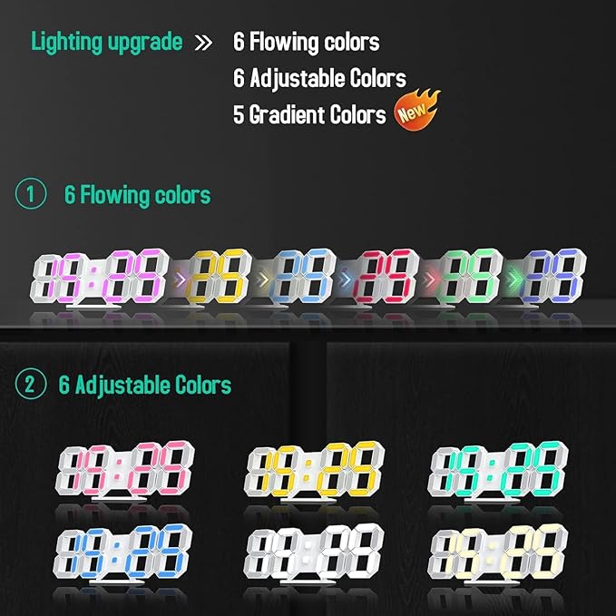 EDUP HOME 3D LED Neon Digital Desk Wall Alarm Clock RGB Night Light 7 Colors - Image 5