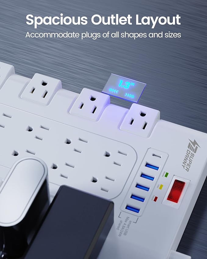 10Ft Extension Cord with Multiple Outlets, SUPERDANNY Surge Protector Power - Image 3