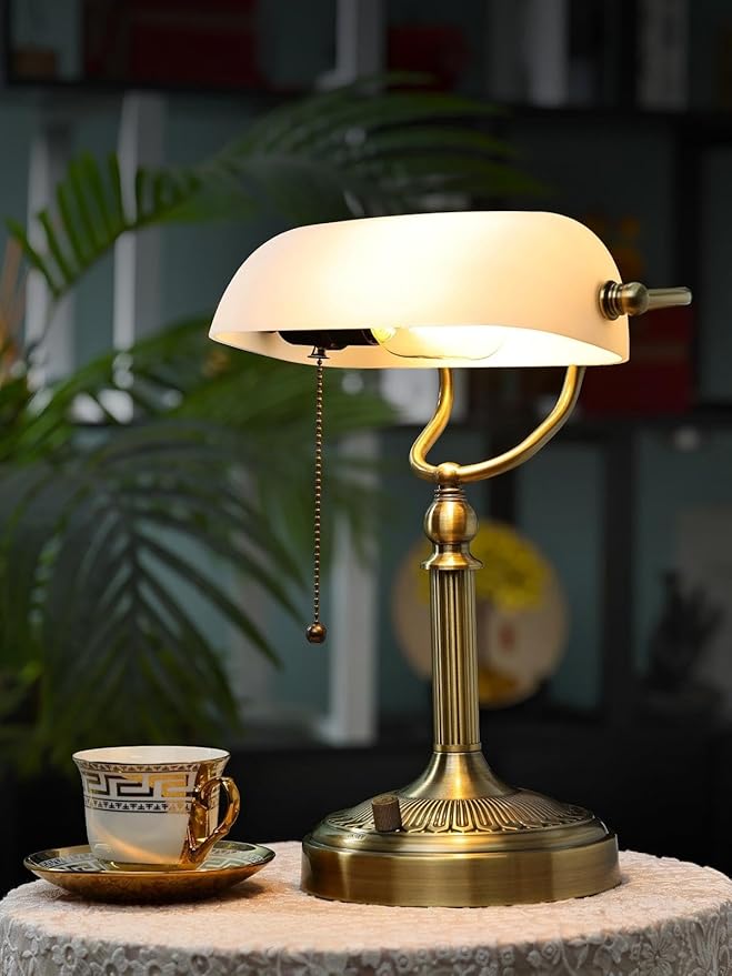 Newrays White Matted Glass Bankers Desk Lamp, Stepless Dimmable Table Lamp Plug - Image 3