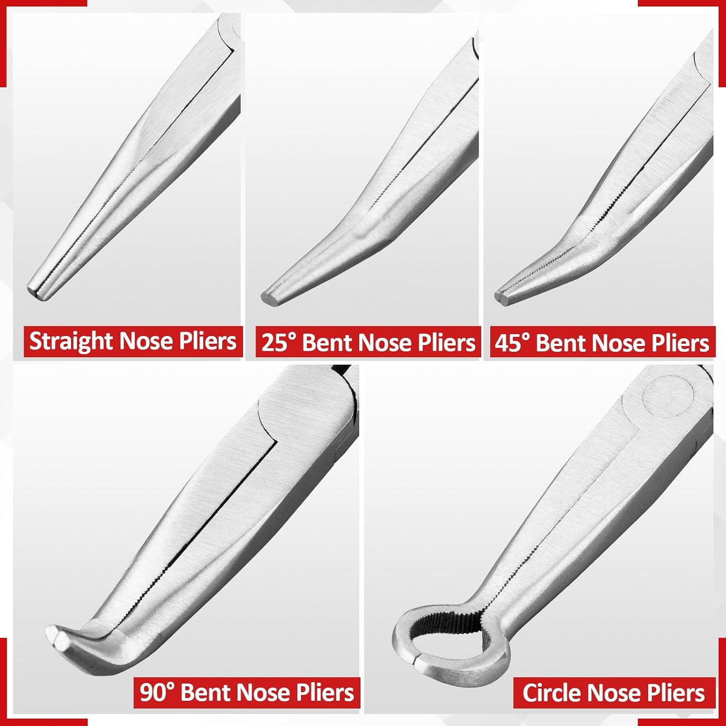 5Pcs Bent Nose Pliers 11 Inch Extra Long Needle Nose Pliers Set | Straight, 25°/45°/90° Bent, Circle Nose for Narrow Spaces, Hard to Reach Areas & Precision Work