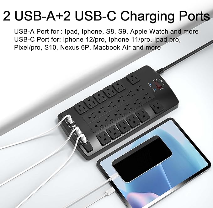 QINLIANF Surge Protector Power Strip - 6Ft Flat Plug Heavy Duty Extension Cord - Image 3