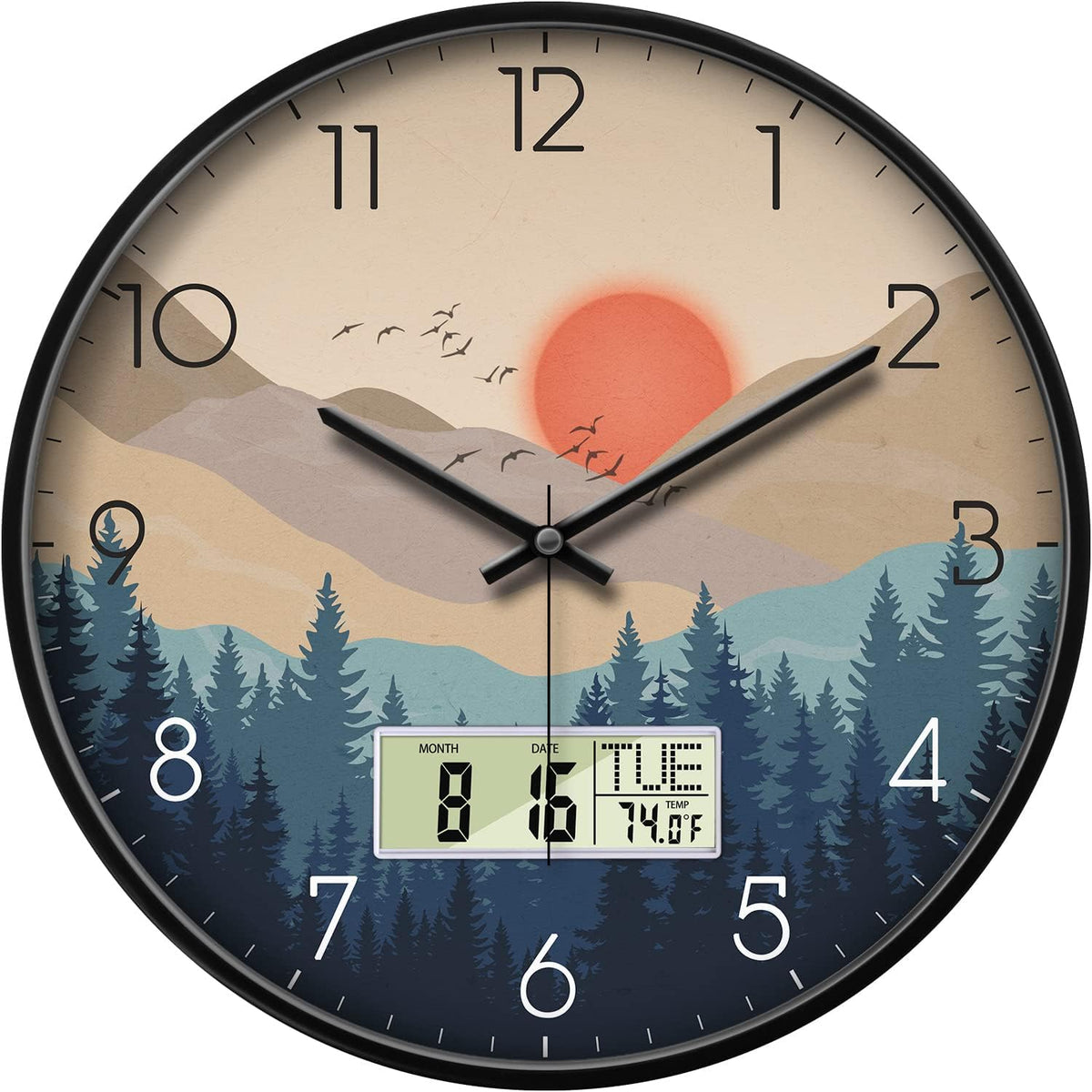 Silent Wall Clock with Day Week Temperature Wilderness with Sunset Non-ticking