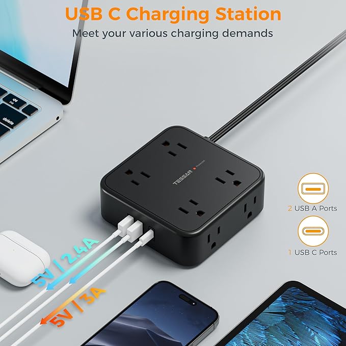 15 FT Extension Cord, TESSAN Ultra Thin Flat Plug Power Strip Surge Protector - Image 5