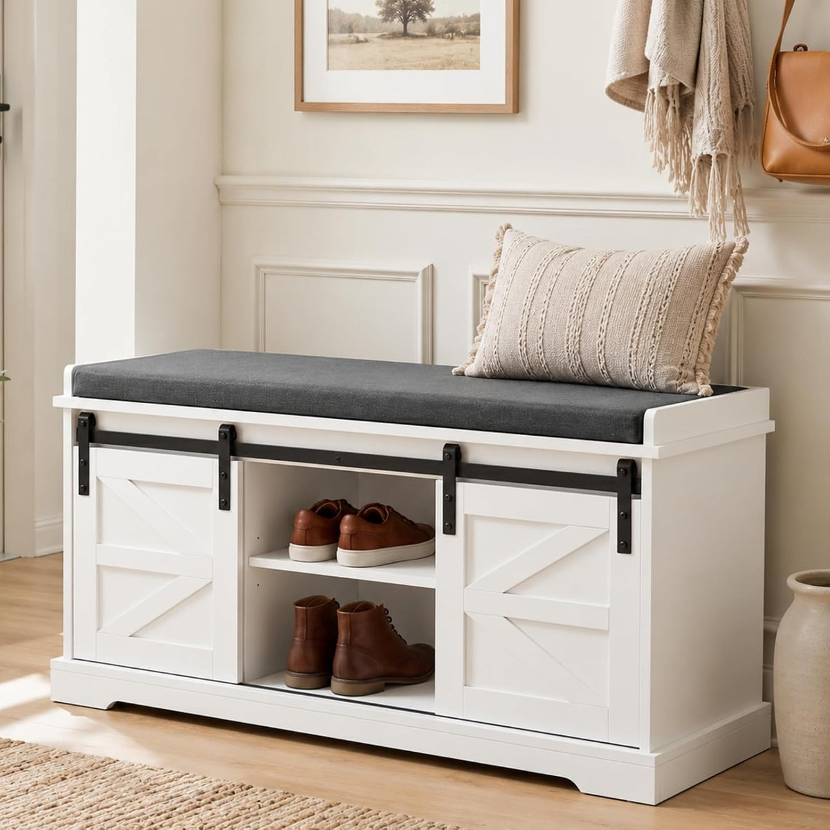 loomie 39" wide white shoe storage bench with, main product view