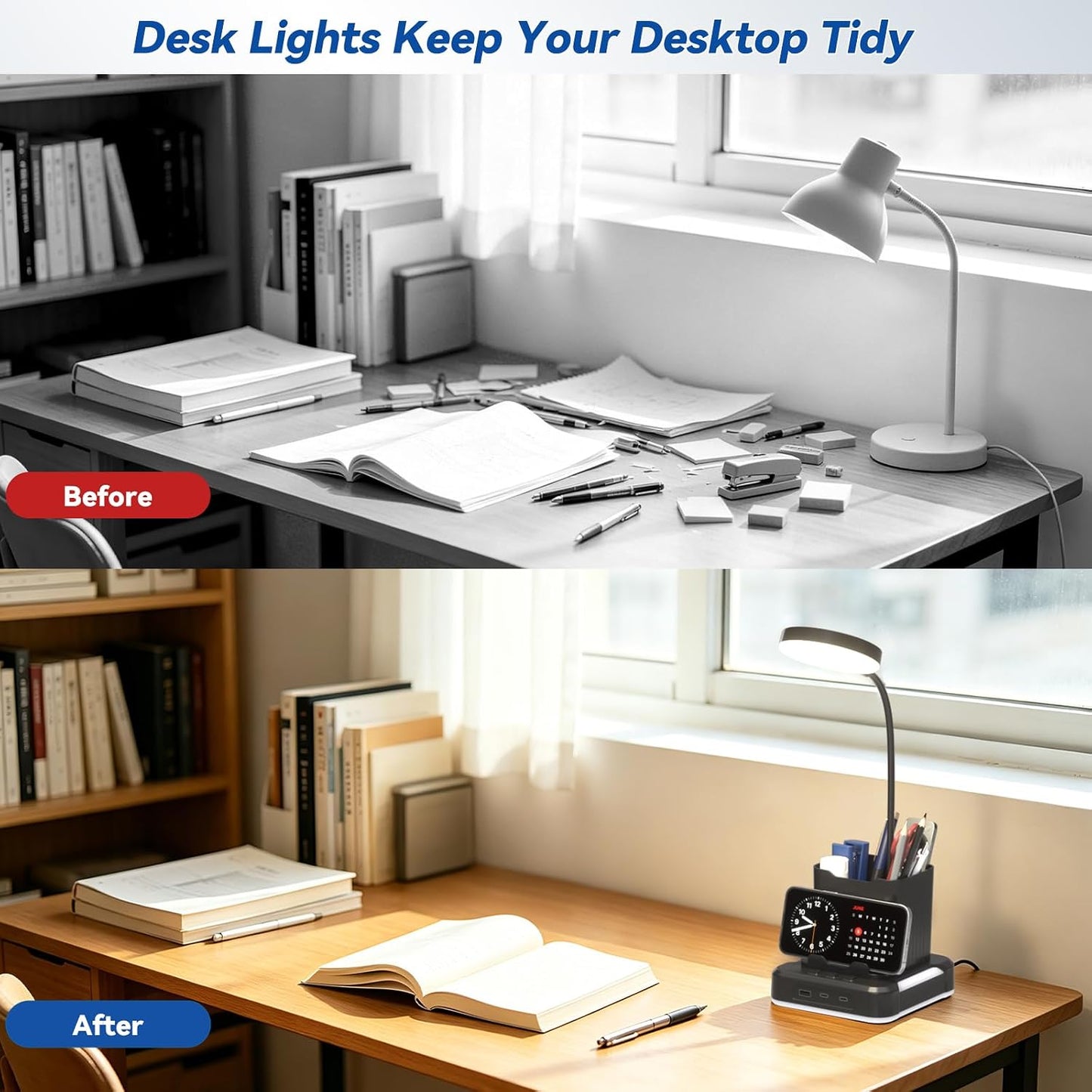 KDD 5 in 1 Desk Lamp with Charging Ports, 9 RGB Modes Gaming Table Light | Pen & Phone Holder, 360°Adjustable Gooseneck Desktop Lights, Dimmable Table Lamp for Home Office College Dorm Room