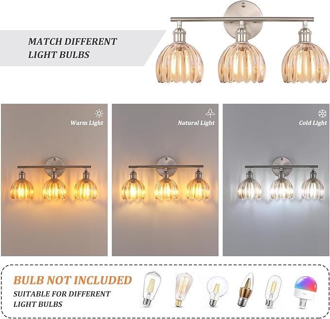 Shenmoyl Bathroom Light Fixtures, 3-Light Vanity Wall Light Over Mirror - Image 4