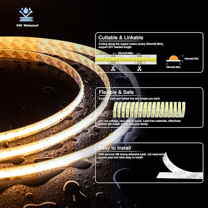 PAUTIX COB LED Strip Light CCT Tunable White IP65 Waterproof, CRI90+ 16.4ft/5m - Image 3