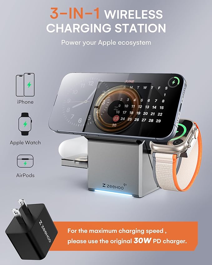ZEEHOO 3 in 1 Charging Station for Apple, iPhone Mag-Safe Charger, Qi2 Certified - Image 3