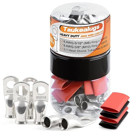 20PCS 6 AWG 5/16 3/8 inch Battery Cable Lugs, 6 gauge Tinned Copper Crimp by TAUKEALUGS