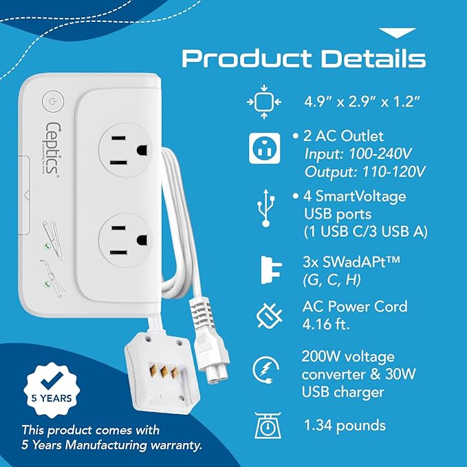 Ceptics Egypt, Jordan Voltage Converter, Convert 220V to 110V - Image 5