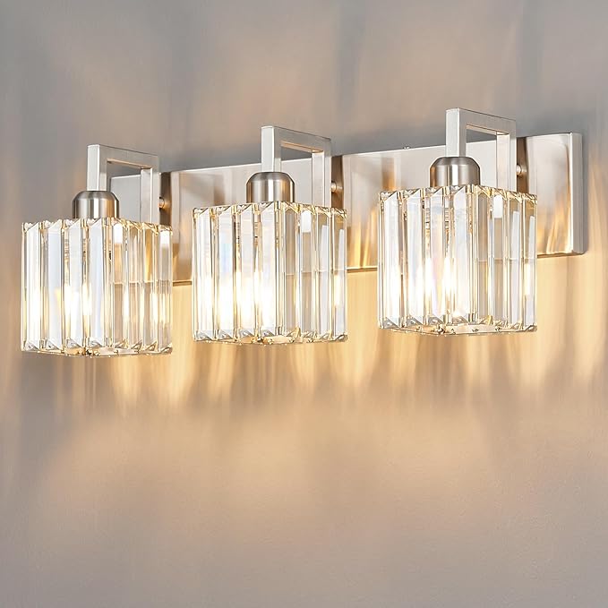 FDPBY Modern Bathroom Vanity Light 3-Lights Brushed Nickel Vanity Light Crystal by FDPBY