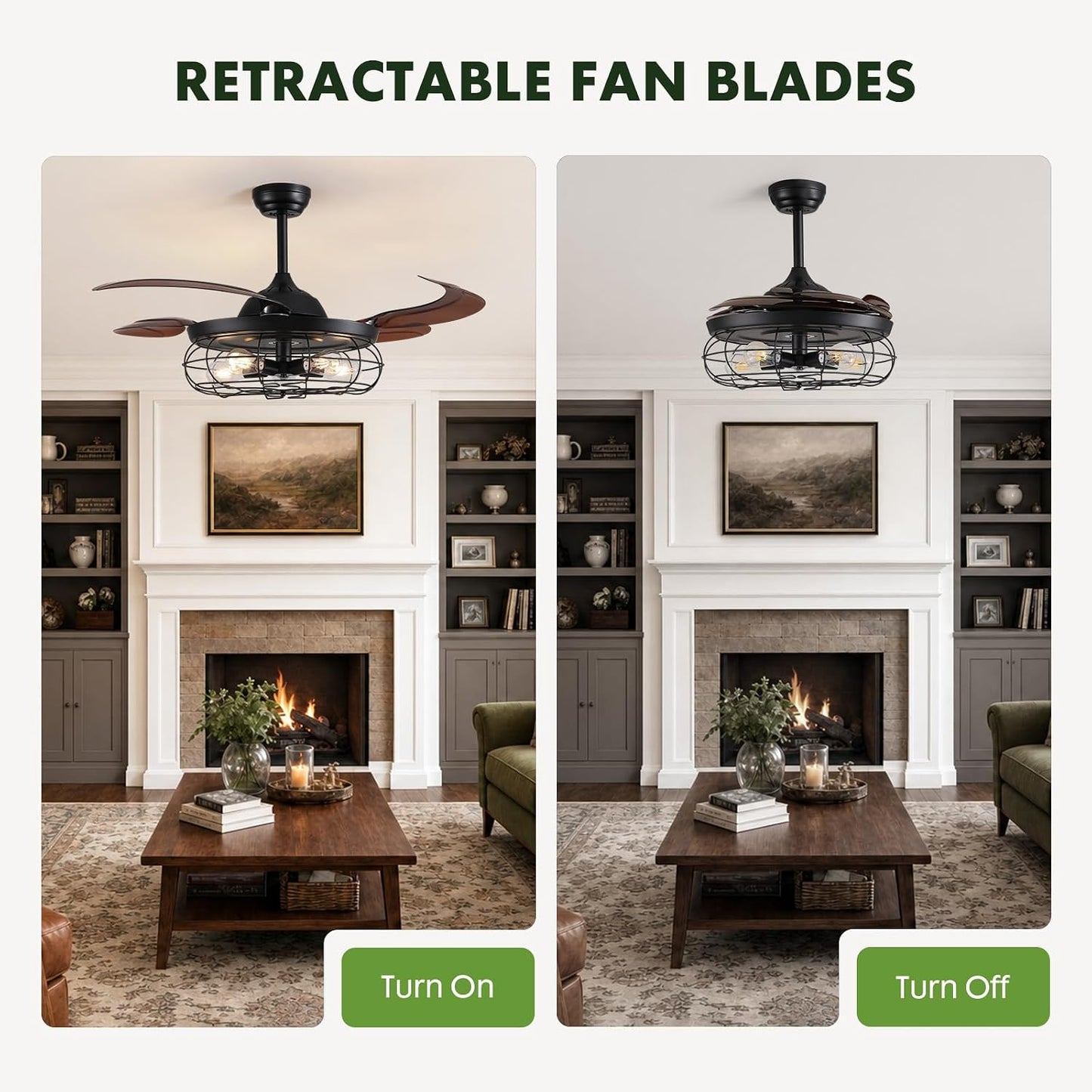 48" Rustic Ceiling Fan with Lights and Remote, Industrial Fandelier Ceiling Fan Black Retractable Invisible Ceiling Fan for Farmhouse Living Room Dining Room Bedroom Kitchen Garage