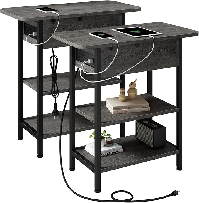 LIDYUK End Table with Charging Station, Flip Top Narrow Side Table by LIDYUK
