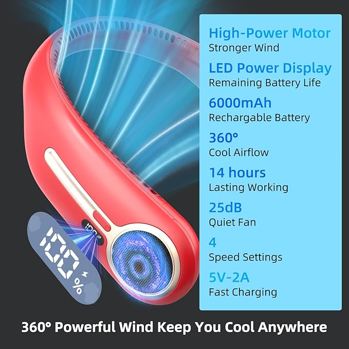 Portable Neck Fan, Hands Free Personal Wearable Bladeless Fan, 6000mAh USB - Image 3