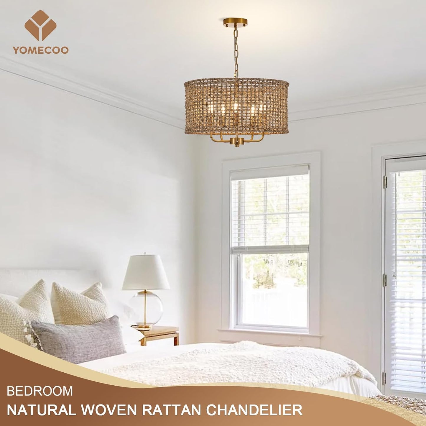 19.7" Gold Rattan Chandelier, 5-Light Boho Wicker Light Fixture | Hand-Woven Rattan Pendant Light; Adjustable Chain; Farmhouse Basket Drum Chandeliers for Dining Room, Kitchen Island, Bedroom