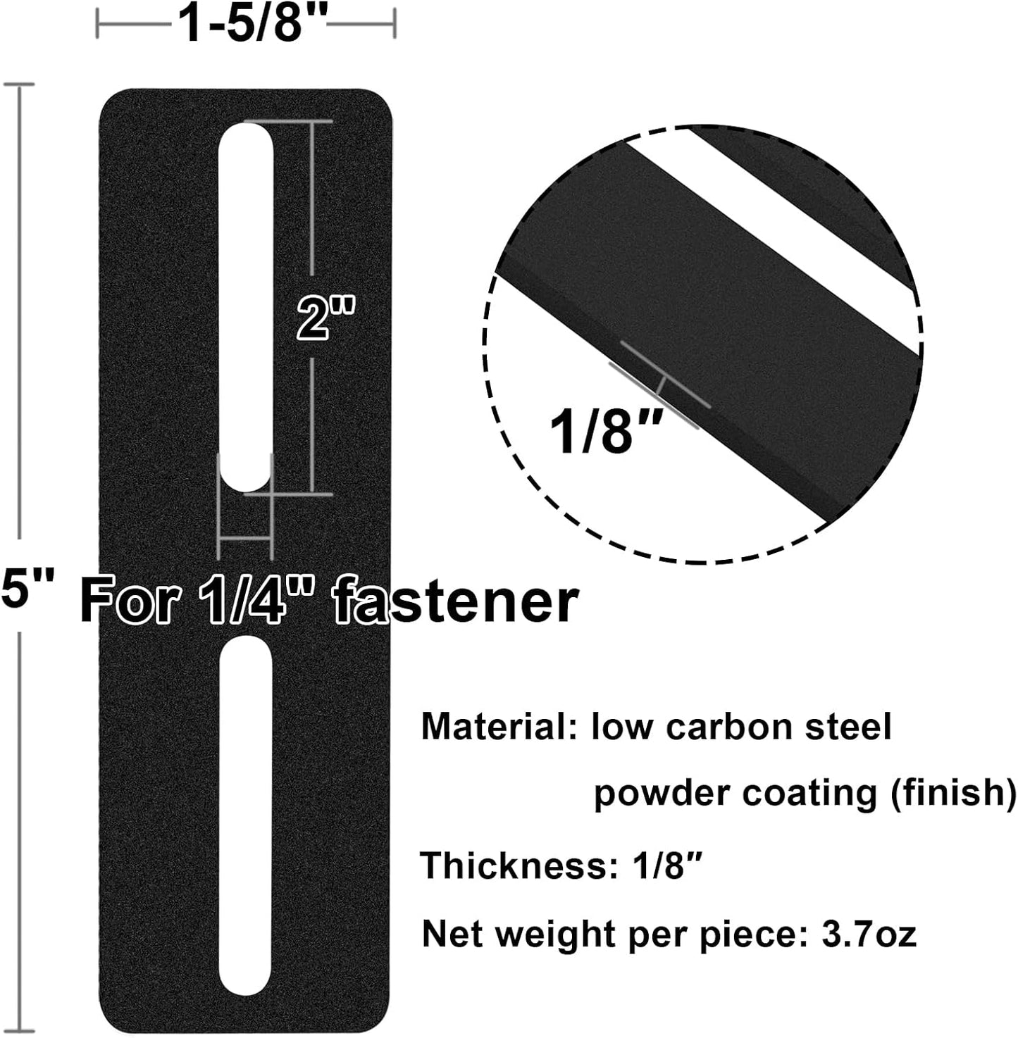 10 PCS Black Slotted Mending Plate, Flat Metal Bracket, 5" x 1-5/8" | Slots for 1/4" Fastener