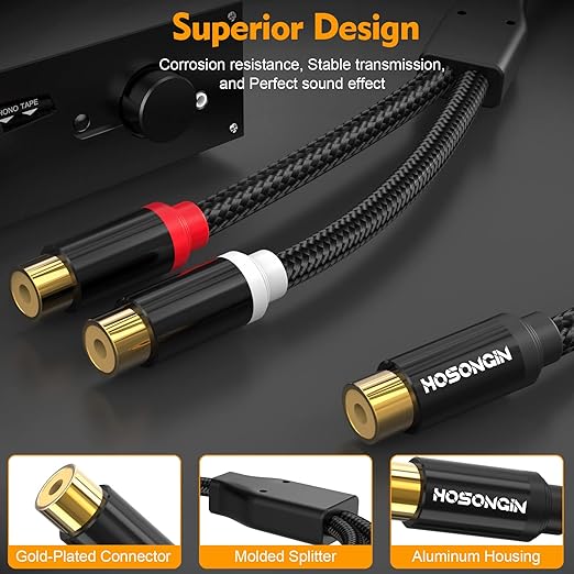 HOSONGIN RCA Splitter 1 Female to 2 Female Audio Cable, 24K Gold-Plated Plug - Image 4