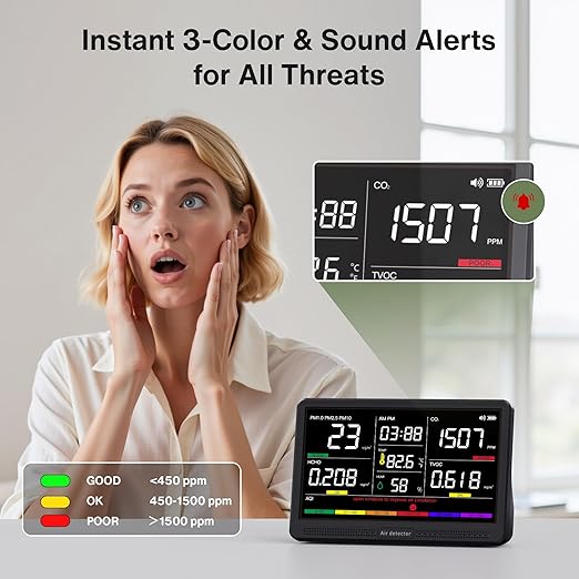 bonoch 16 in 1 Air Quality Monitor Indoor 7" Display 9 AQI+7 AQI Alerts - Image 4