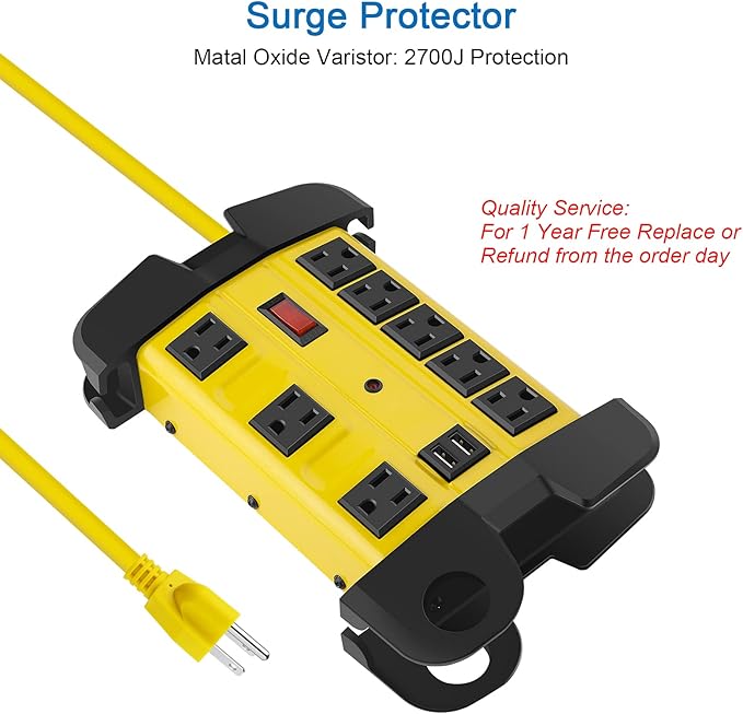 Heavy Duty Power Strip with USB, Workshop 8 Outlet Surge Protector 2700 Joules - Image 4