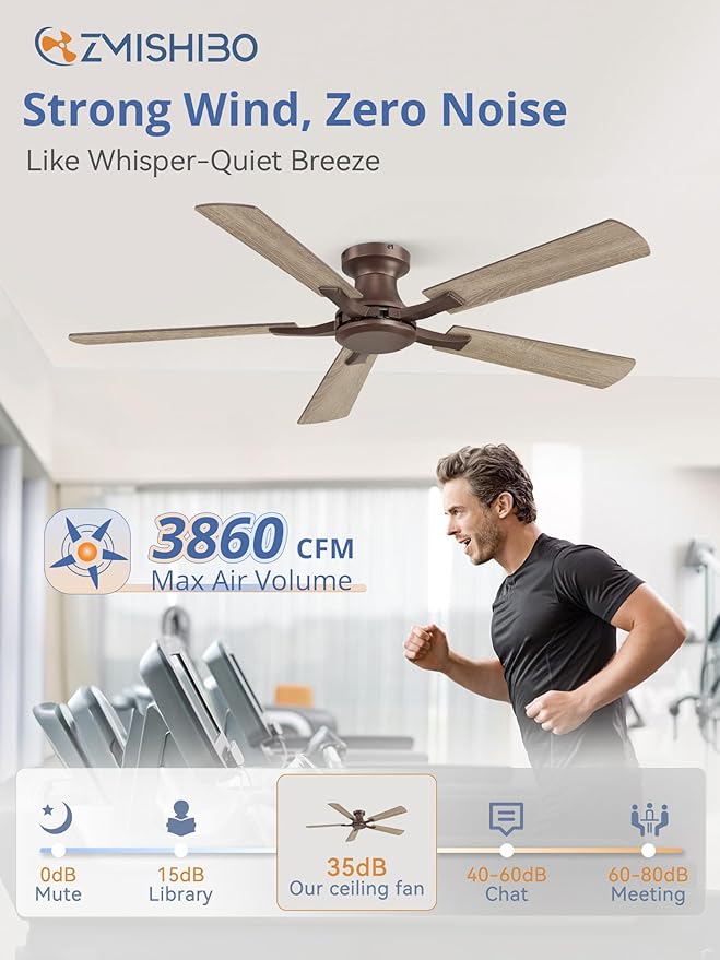 ZMISHIBO 52 Inch Ceiling Fan No Light, Flush Mount Low Profile, Farmhouse Brown - Image 3
