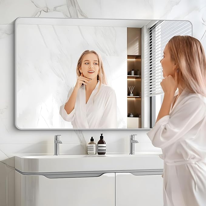 48x30 Inch Silver Bathroom Mirror, Metal Framed Silver Rectangle Mirrors - Image 4