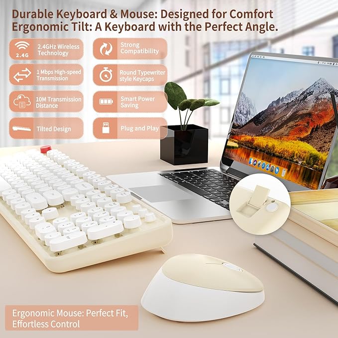 HotFox Wireless Keyboard and Mouse Combo, Full-Size Retro Typewriter Keyboard - Image 2