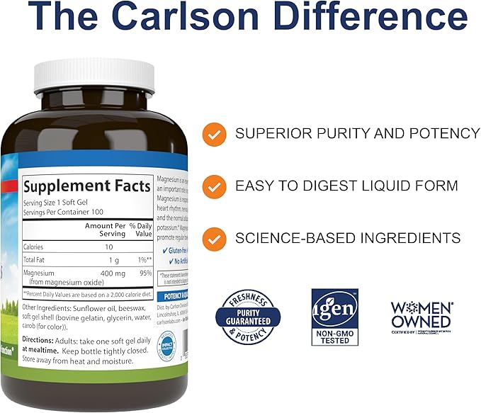 Carlson - Magnesium Gels, 400 mg of Magnesium per Softgel, Heart & Muscle - Image 2